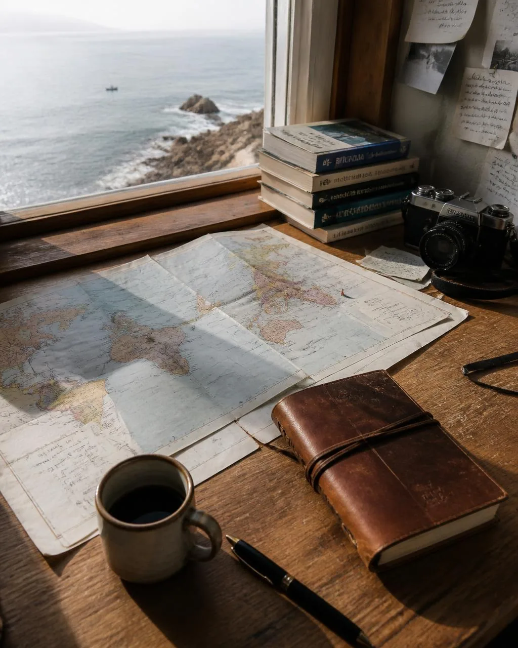 Travel journal, world map, camera and coffee beside a window with a sea view