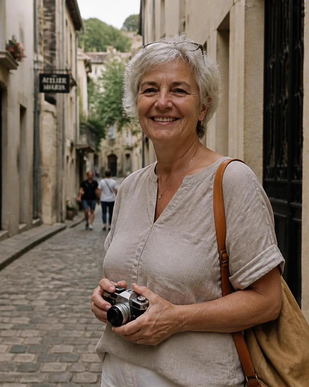 Connie looking out over a historic city at sunset with a camera in hand
